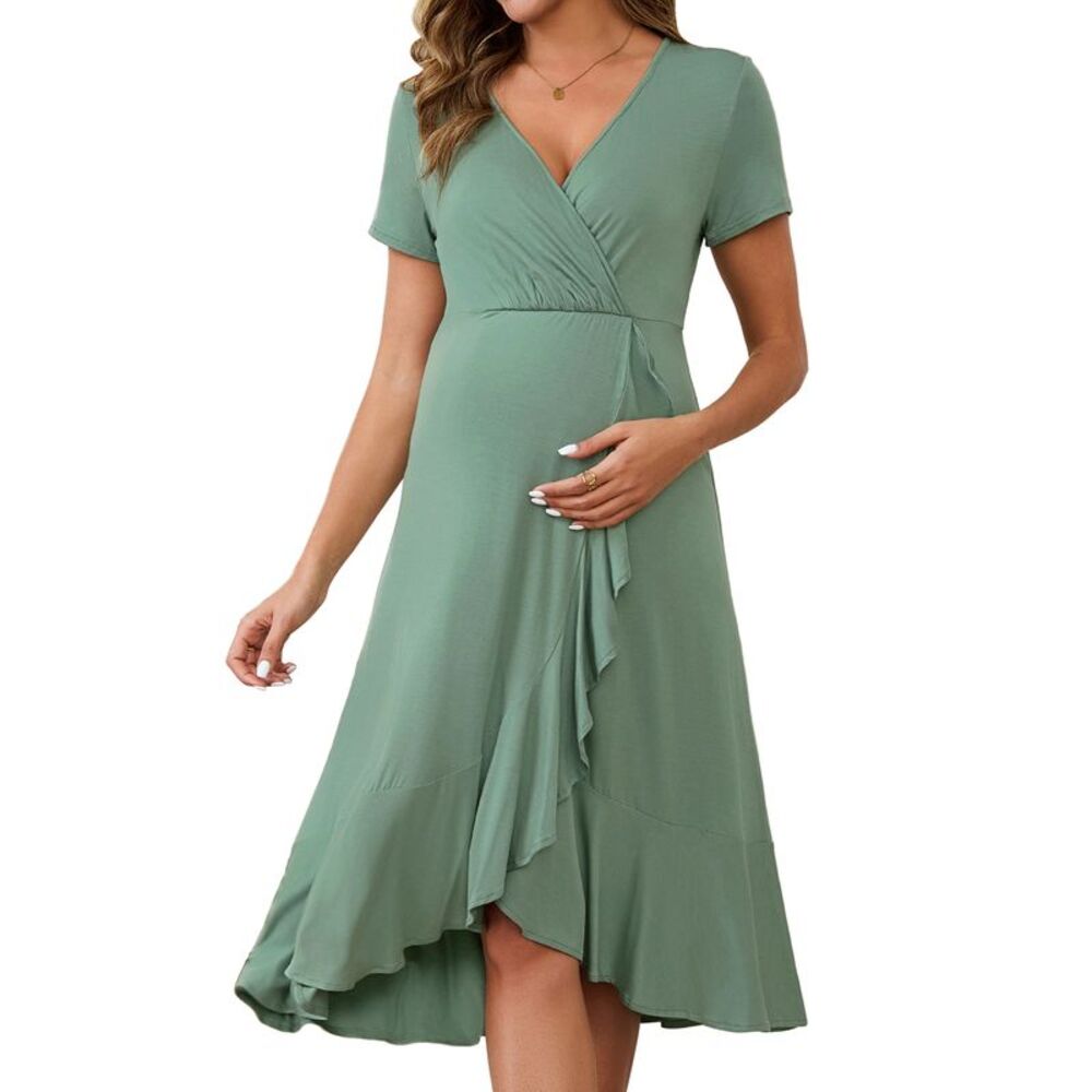 Maternity Nursing Wrap V Neck Pleated Ruffle Semi Formal Dress Grey Green